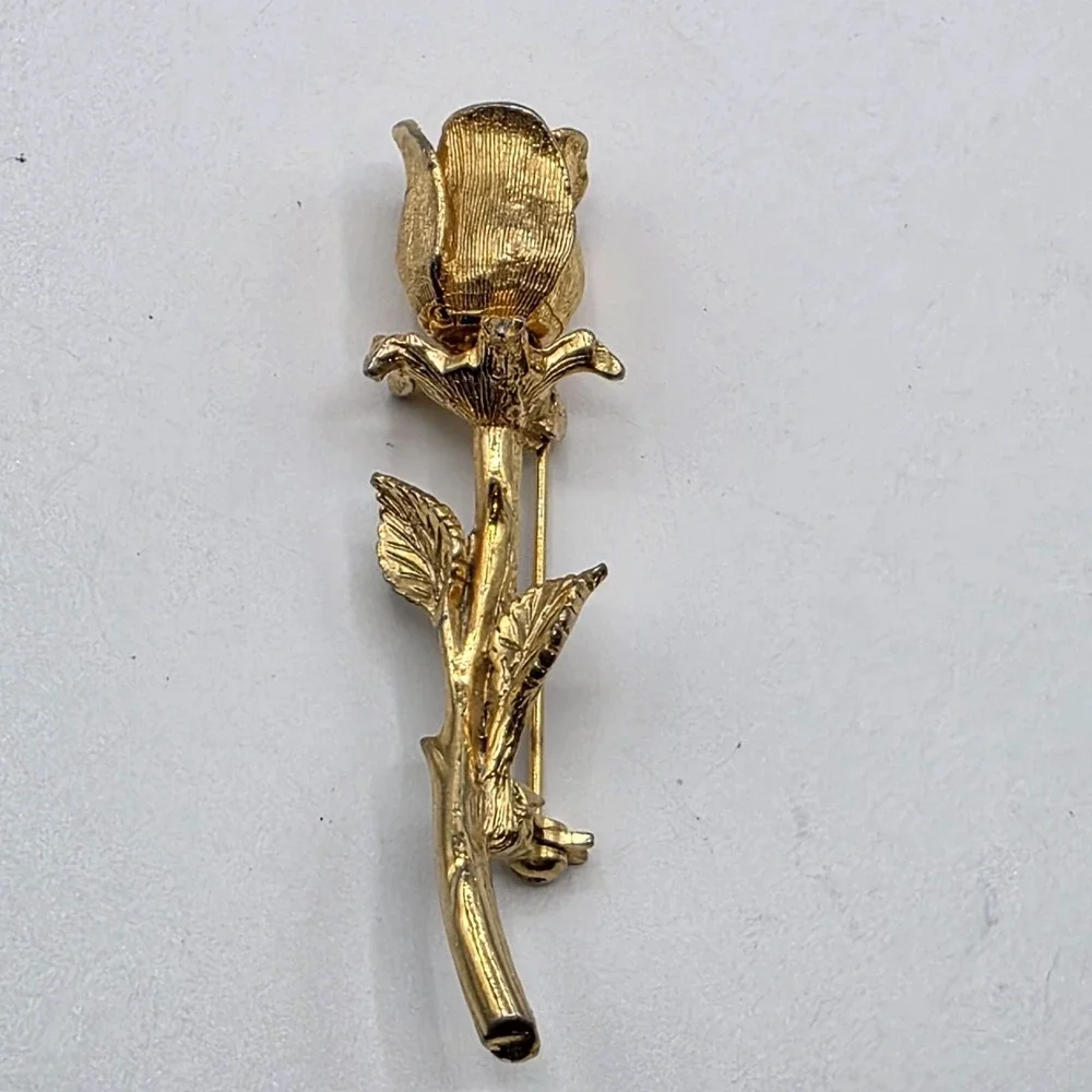 Vintage Tanner II Gold Tone Rose Brooch Long Stem Floral Signed‎ Pin Exquisite